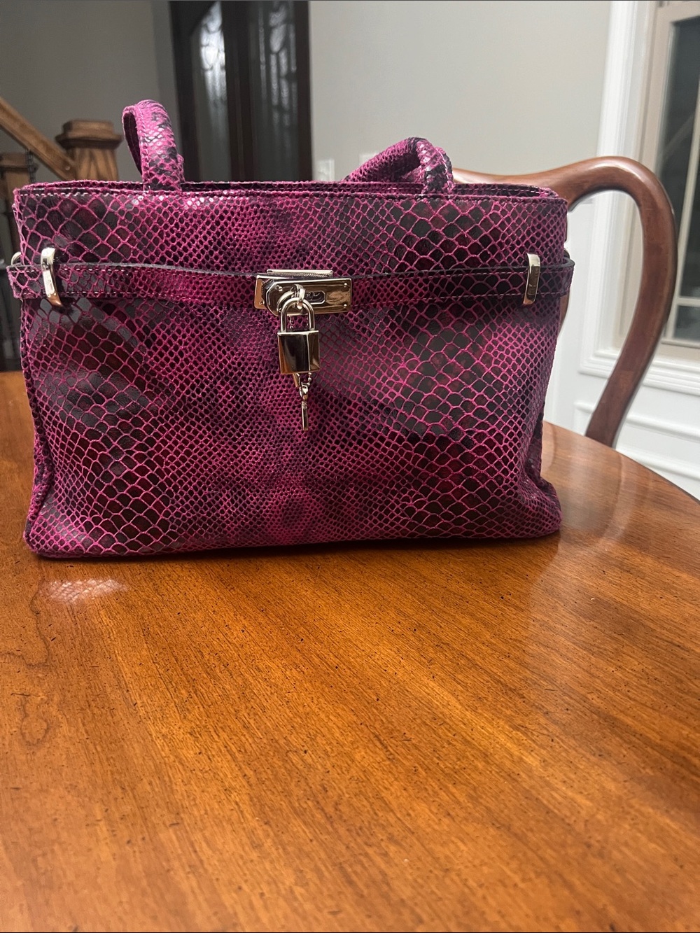 Fuchsia Snake-Print Tote Bag with Lock Detail